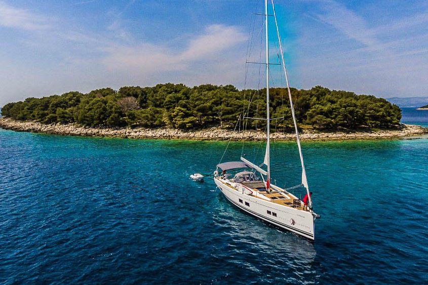 This is photo of a sailing boat Hanse 588 at anchor, Adriatic Sea
