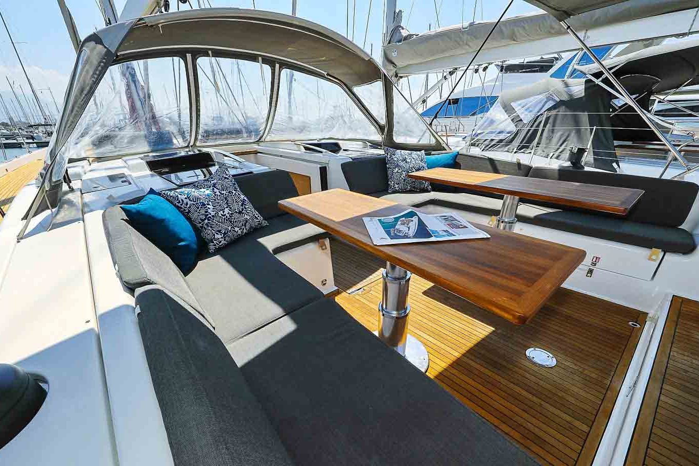 This is photo of a sailing boat Hanse 588 cockpit sofa