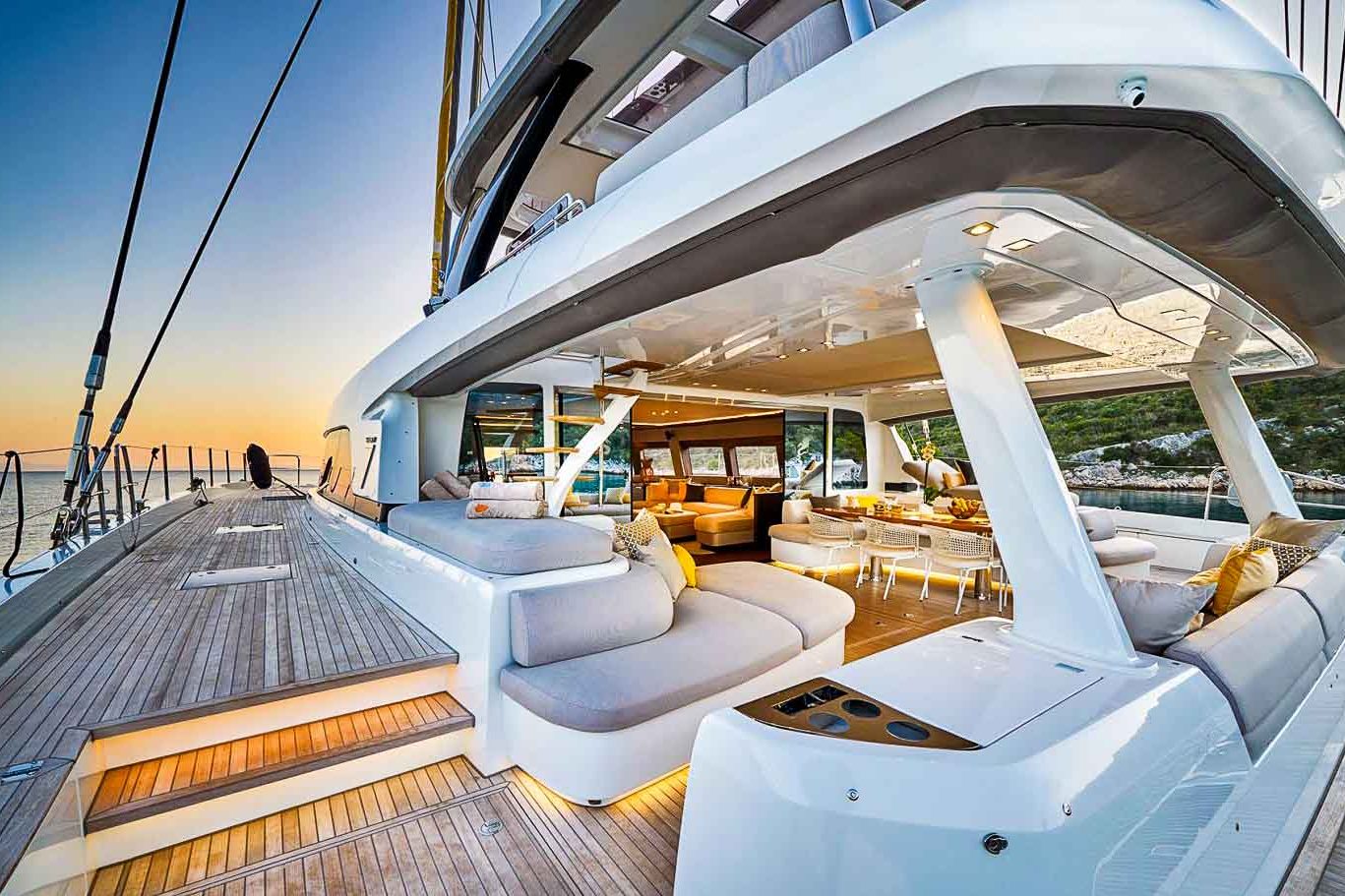 This is photo of a catamaran Lagoon 77 named Adriatic Dragon aft area