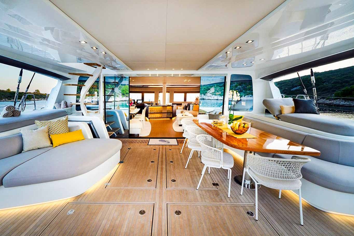 This is photo of a catamaran Lagoon 77 named Adriatic Dragon saloon entrance