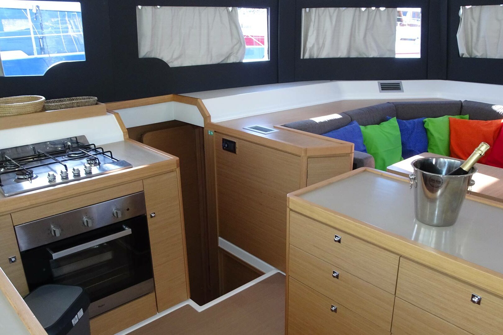 Luxury Catamaran Charter Dufour 48 Catamaran saloon view
