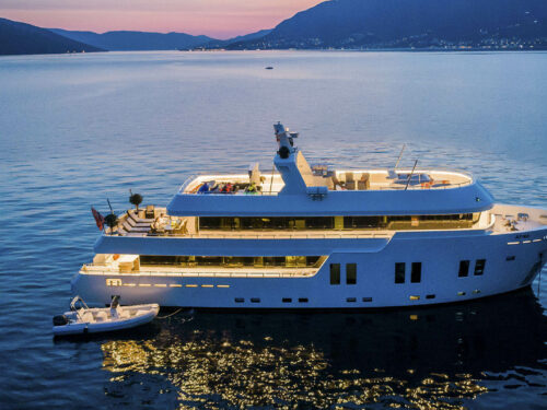 Luxury Yacht Apna starboard sunset view