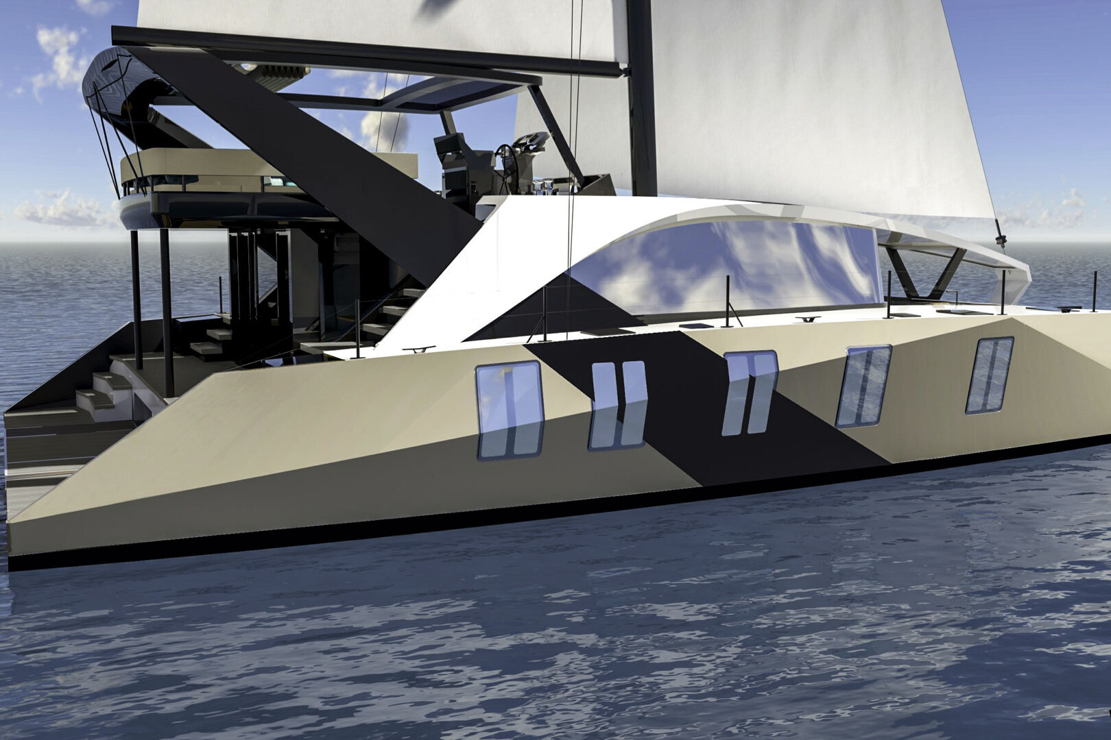 Luxury catamaran Wave 60 sailing close view