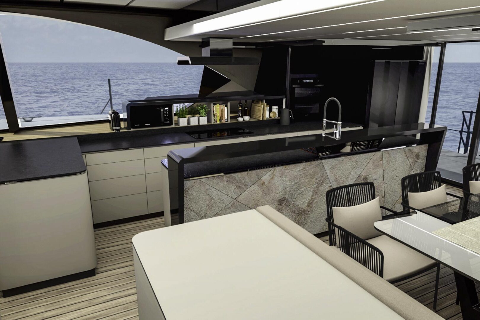 Luxury catamaran Wave 60 salon dining
