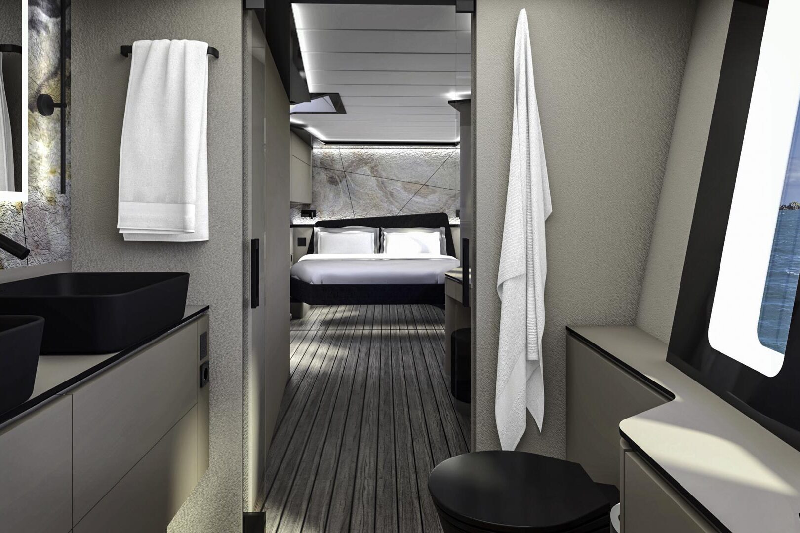 Wave 60 double bed cabin view from the bathroom